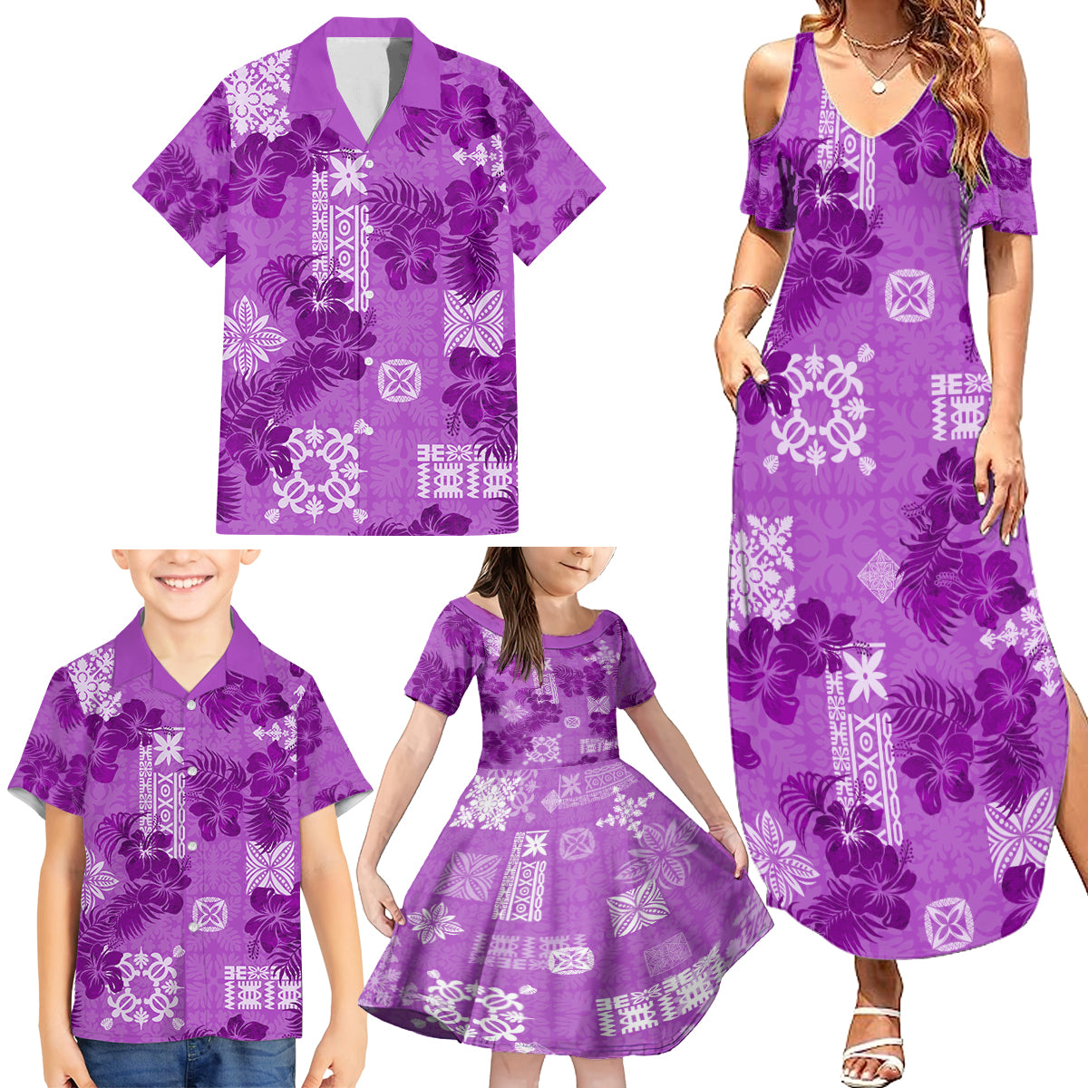 Hawaii Tapa Family Matching Summer Maxi Dress and Hawaiian Shirt Hibiscus Mix Hawaiian Quilt Patches - Violet LT7 - Polynesian Pride