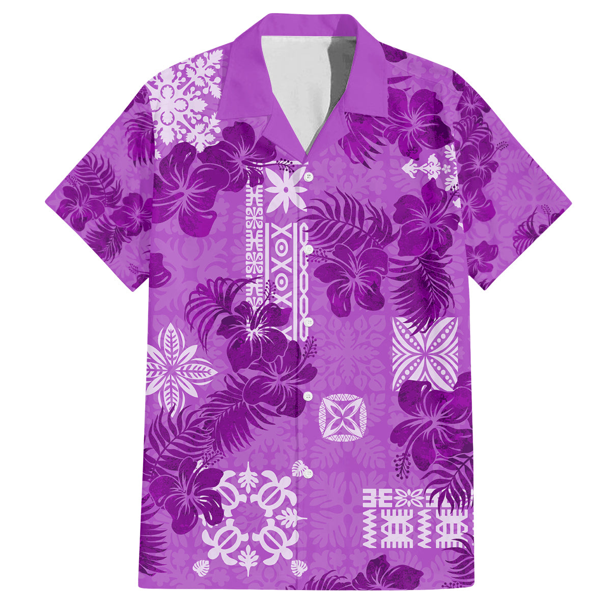 Hawaii Tapa Family Matching Tank Maxi Dress and Hawaiian Shirt Hibiscus Mix Hawaiian Quilt Patches - Violet LT7 Dad's Shirt - Short Sleeve Violet - Polynesian Pride