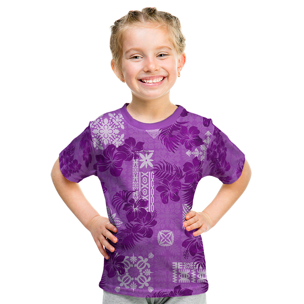 Hawaii Tapa Kid T Shirt Hibiscus Mix Hawaiian Quilt Patches - Violet LT7 Violet - Polynesian Pride