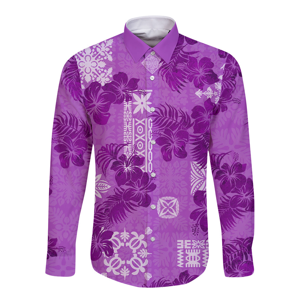 Hawaii Tapa Long Sleeve Button Shirt Hibiscus Mix Hawaiian Quilt Patches - Violet LT7 Unisex Violet - Polynesian Pride