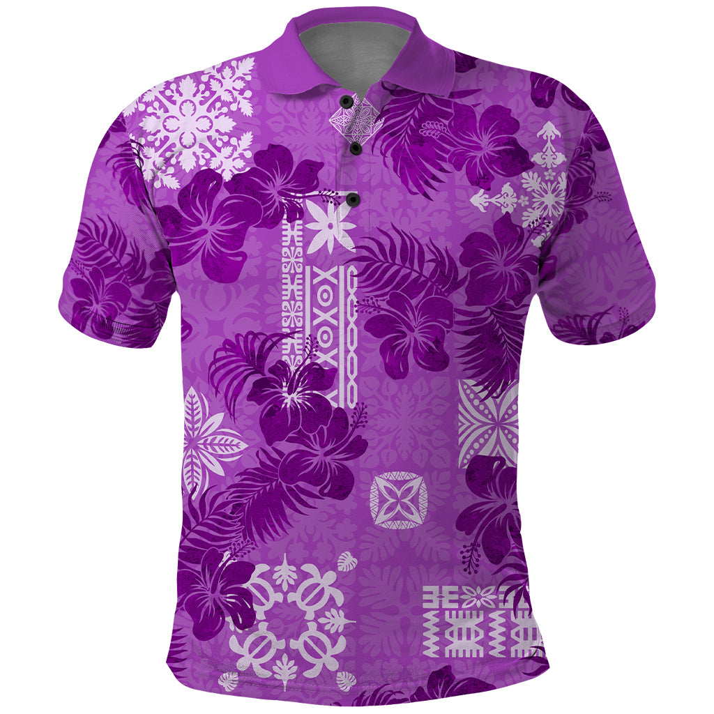 Hawaii Tapa Polo Shirt Hibiscus Mix Hawaiian Quilt Patches - Violet LT7 Violet - Polynesian Pride