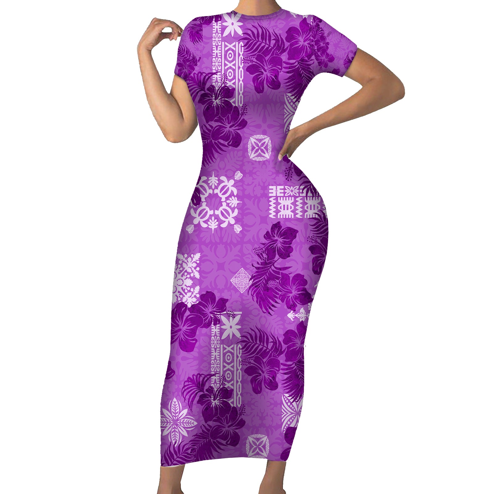 Hawaii Tapa Short Sleeve Bodycon Dress Hibiscus Mix Hawaiian Quilt Patches - Violet LT7 Long Dress Violet - Polynesian Pride