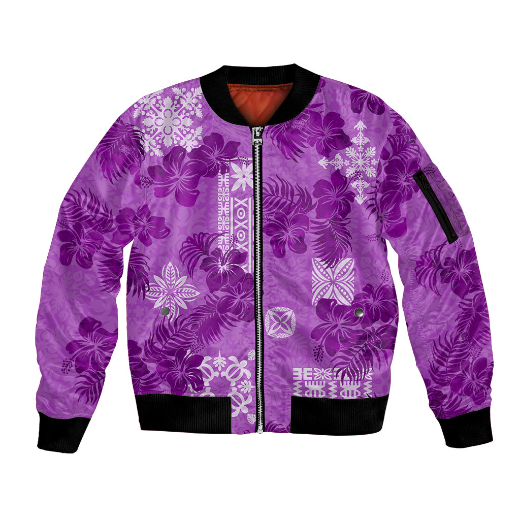 Hawaii Tapa Sleeve Zip Bomber Jacket Hibiscus Mix Hawaiian Quilt Patches - Violet LT7 Unisex Violet - Polynesian Pride