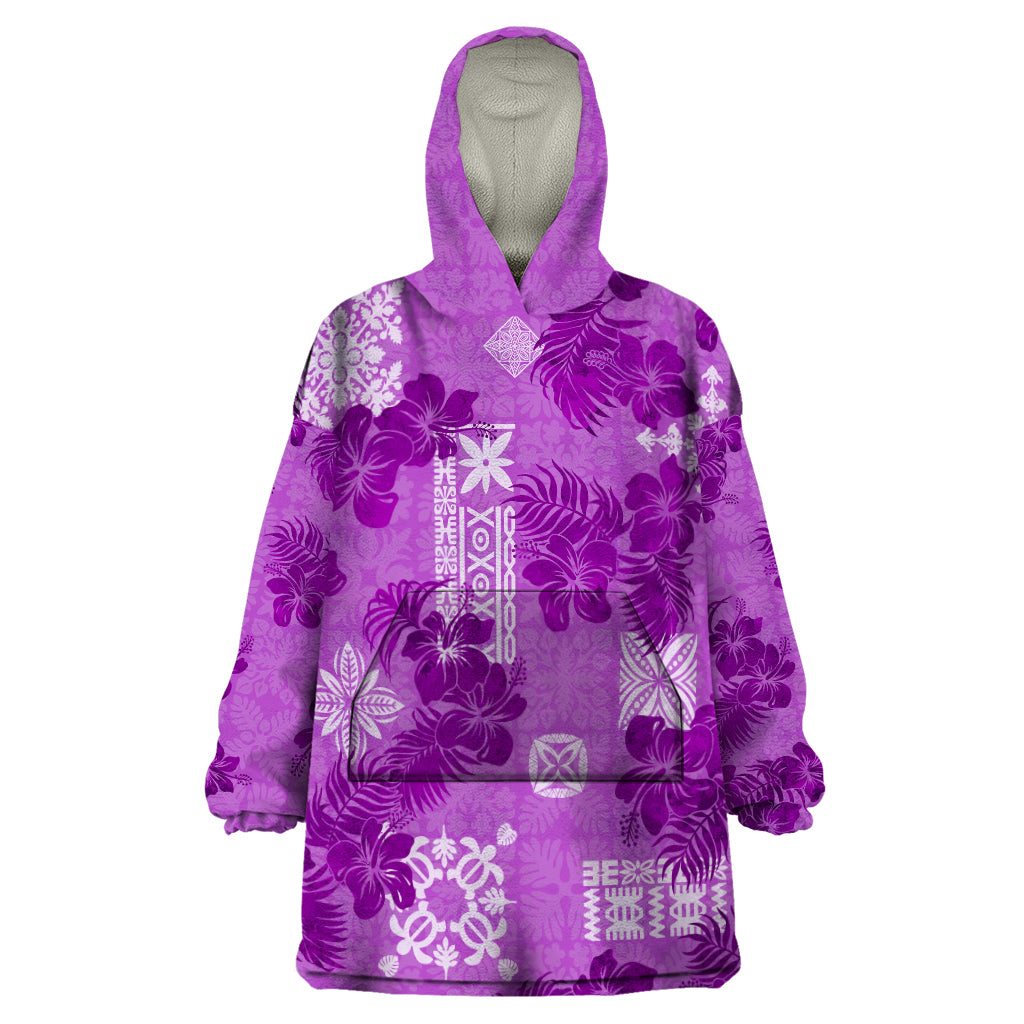 Hawaii Tapa Wearable Blanket Hoodie Hibiscus Mix Hawaiian Quilt Patches - Violet LT7 One Size Violet - Polynesian Pride