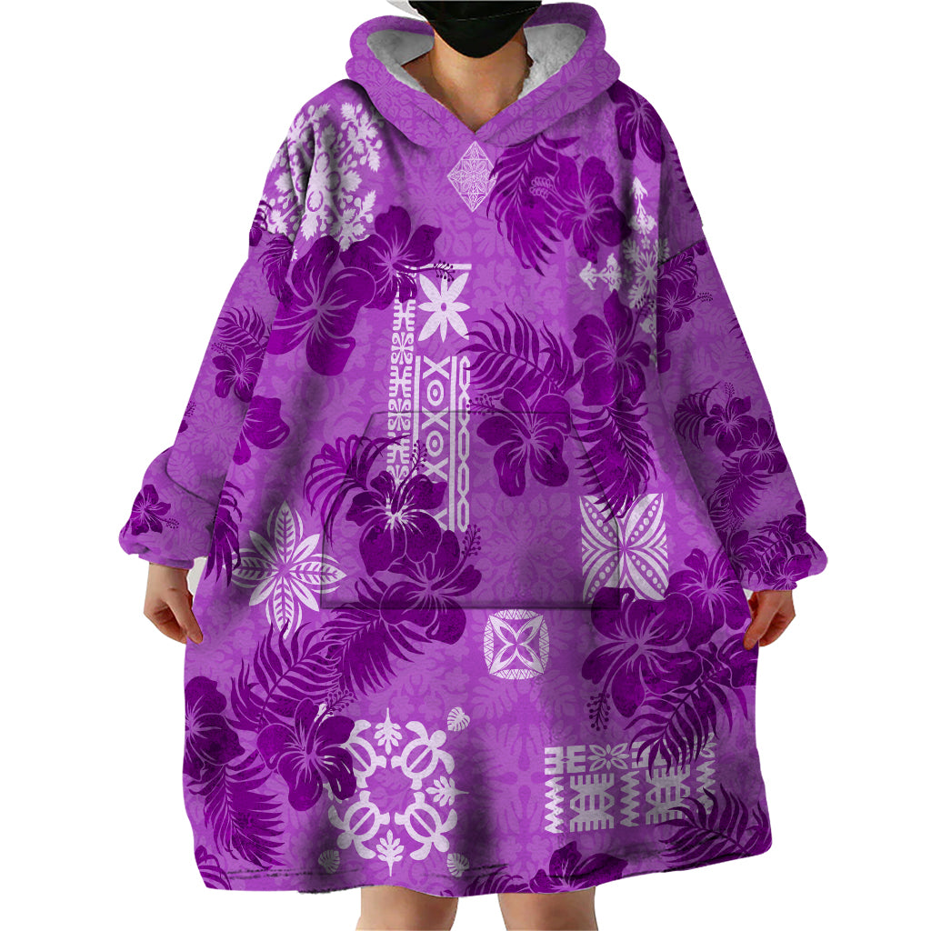 Hawaii Tapa Wearable Blanket Hoodie Hibiscus Mix Hawaiian Quilt Patches - Violet LT7 - Polynesian Pride