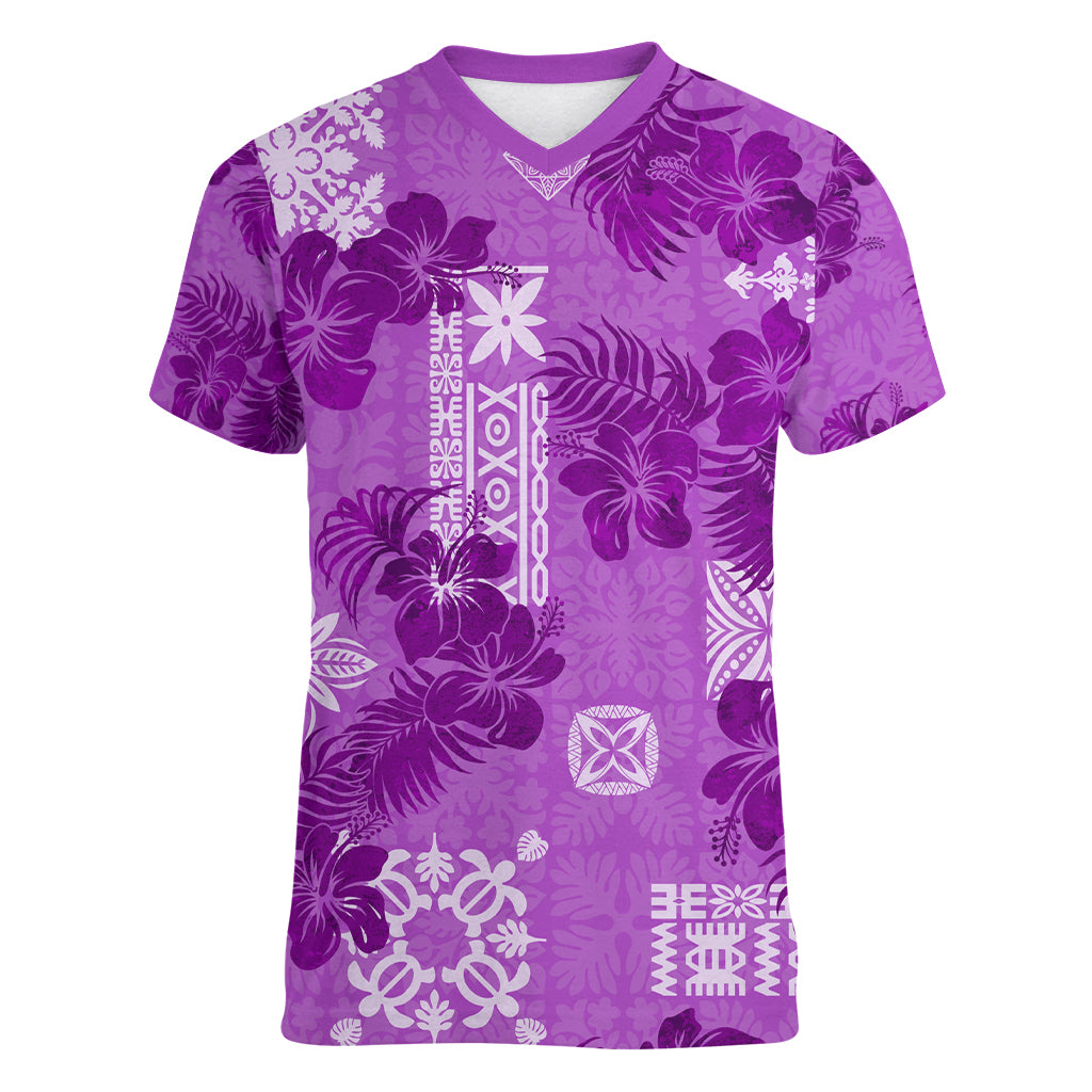 Hawaii Tapa Women V Neck T Shirt Hibiscus Mix Hawaiian Quilt Patches - Violet LT7 Female Violet - Polynesian Pride