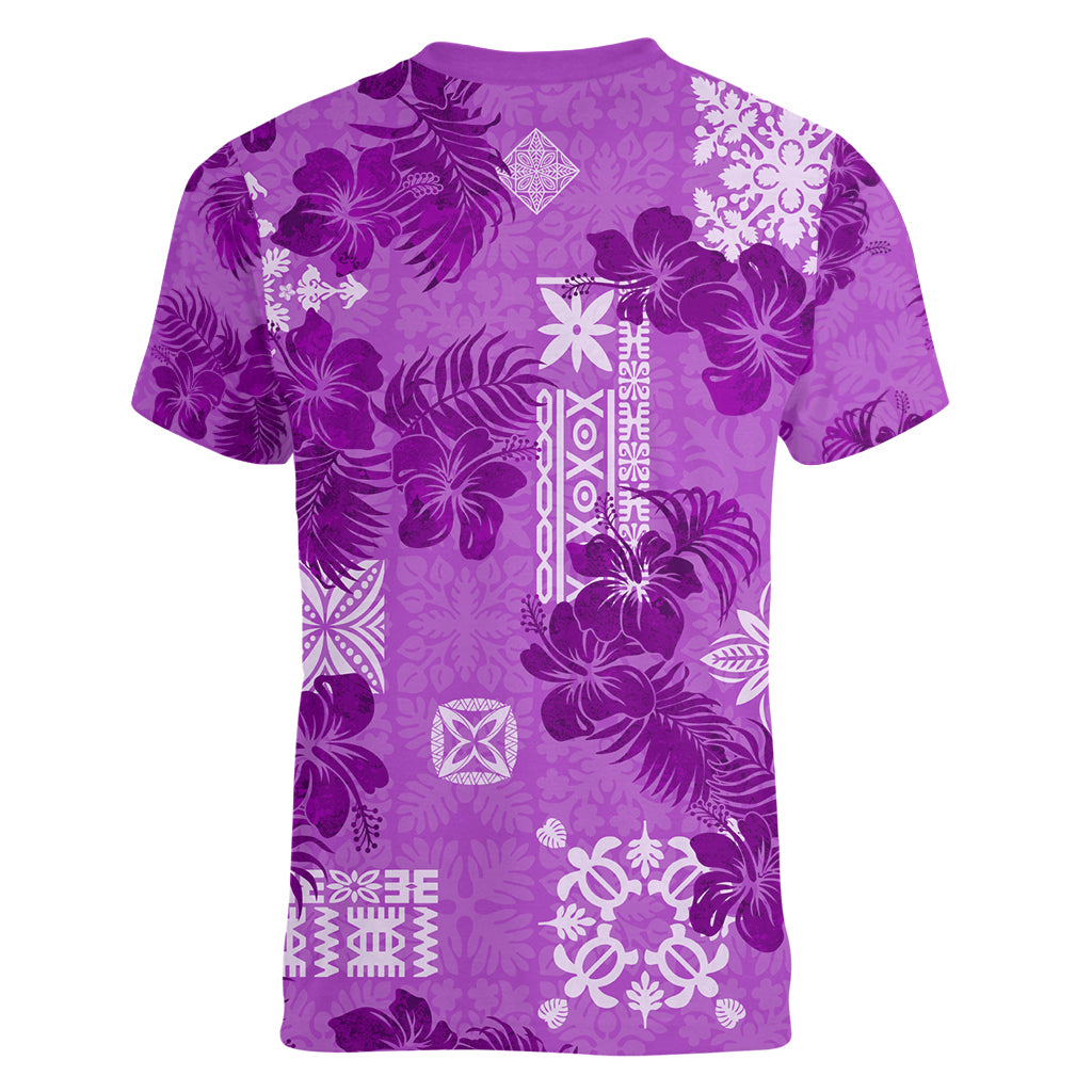 Hawaii Tapa Women V Neck T Shirt Hibiscus Mix Hawaiian Quilt Patches - Violet LT7 - Polynesian Pride