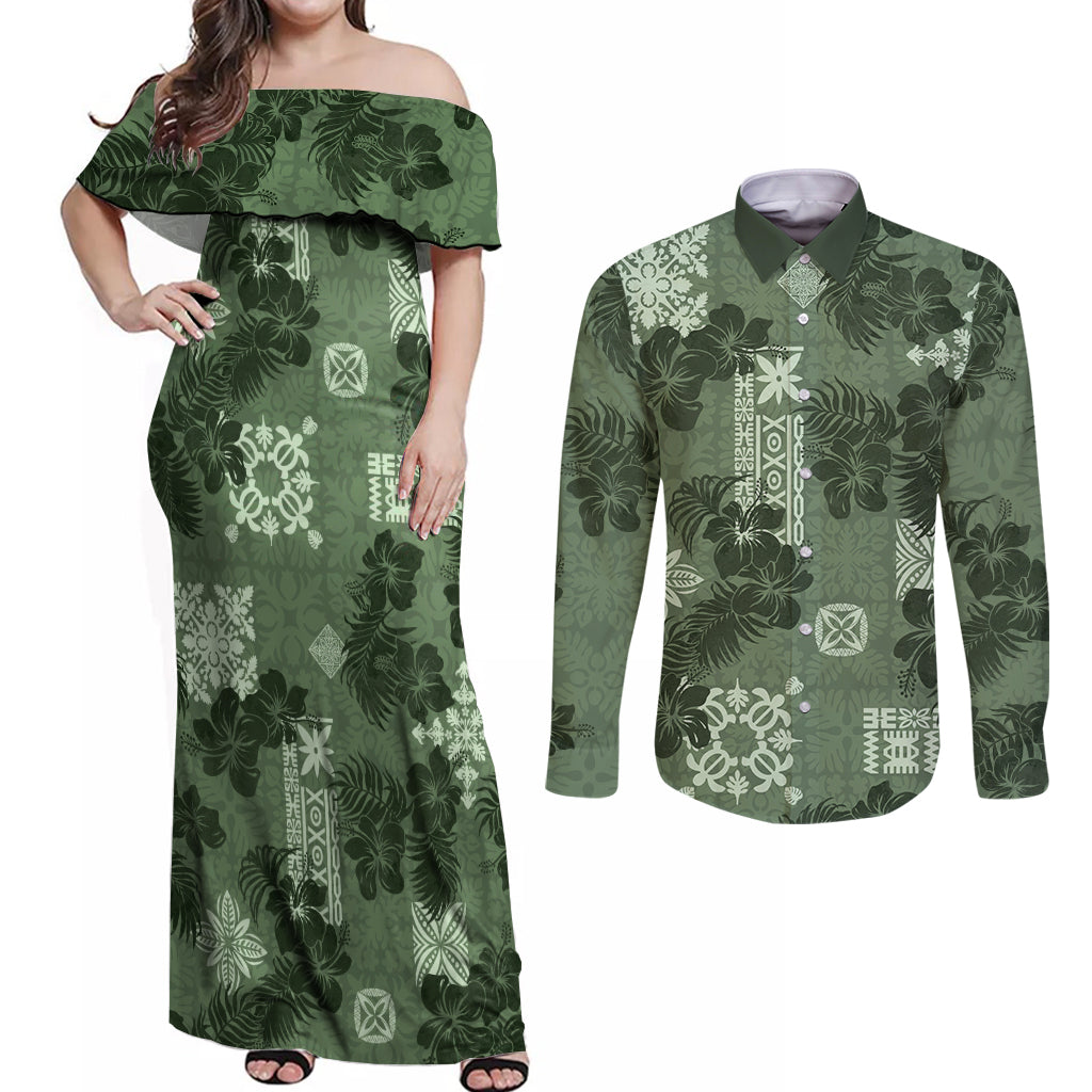 Hawaii Tapa Couples Matching Off Shoulder Maxi Dress and Long Sleeve Button Shirt Hibiscus Mix Hawaiian Quilt Patches - Sage Green LT7 Sage Green - Polynesian Pride