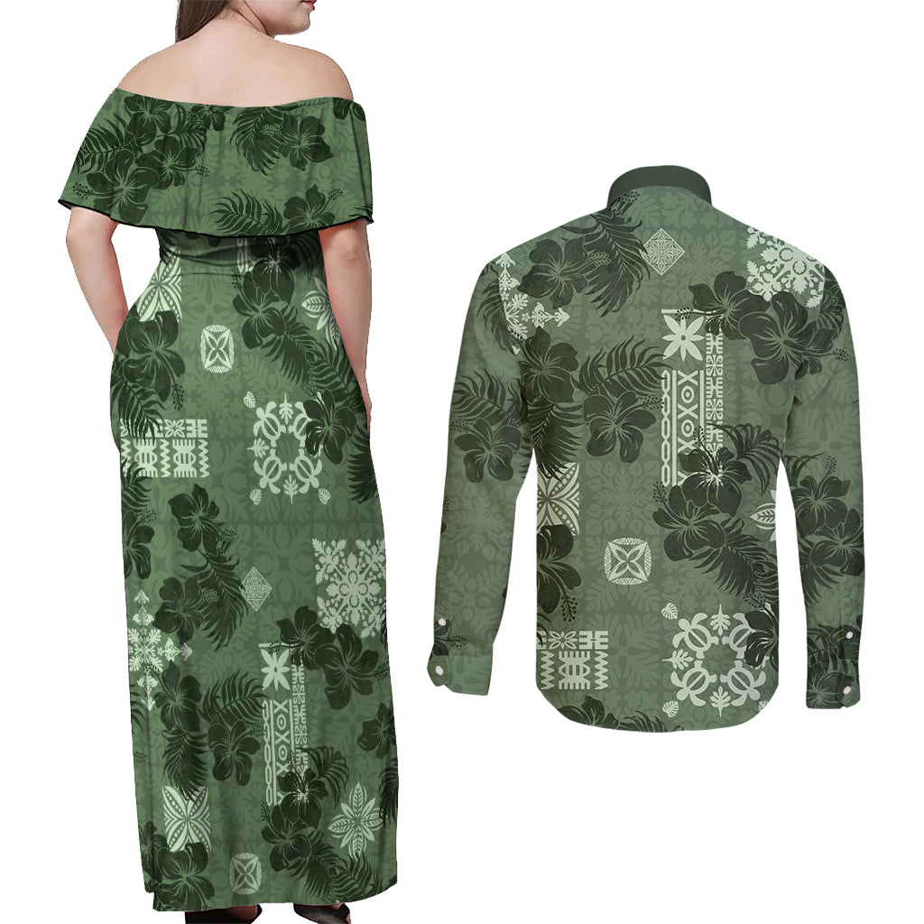Hawaii Tapa Couples Matching Off Shoulder Maxi Dress and Long Sleeve Button Shirt Hibiscus Mix Hawaiian Quilt Patches - Sage Green LT7 - Polynesian Pride