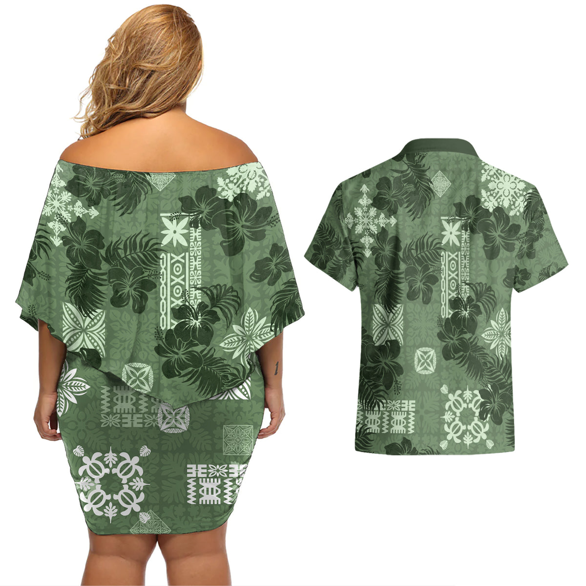 Hawaii Tapa Couples Matching Off Shoulder Short Dress and Hawaiian Shirt Hibiscus Mix Hawaiian Quilt Patches - Sage Green LT7 - Polynesian Pride