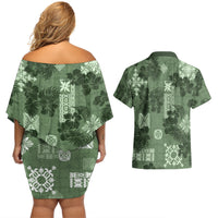 Hawaii Tapa Couples Matching Off Shoulder Short Dress and Hawaiian Shirt Hibiscus Mix Hawaiian Quilt Patches - Sage Green LT7 - Polynesian Pride