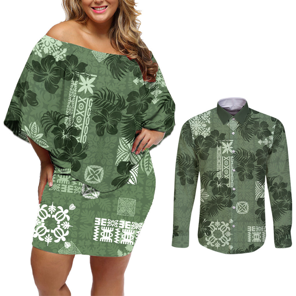 Hawaii Tapa Couples Matching Off Shoulder Short Dress and Long Sleeve Button Shirt Hibiscus Mix Hawaiian Quilt Patches - Sage Green LT7 Sage Green - Polynesian Pride