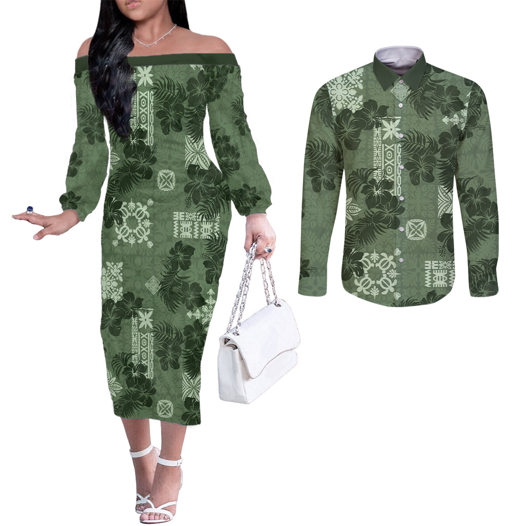 Hawaii Tapa Couples Matching Off The Shoulder Long Sleeve Dress and Long Sleeve Button Shirt Hibiscus Mix Hawaiian Quilt Patches - Sage Green LT7 Sage Green - Polynesian Pride