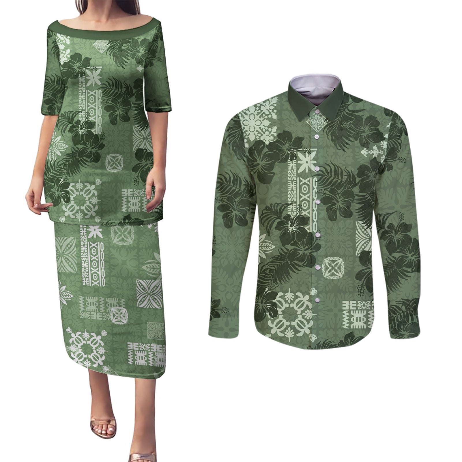 Hawaii Tapa Couples Matching Puletasi Dress and Long Sleeve Button Shirt Hibiscus Mix Hawaiian Quilt Patches - Sage Green LT7 Sage Green - Polynesian Pride