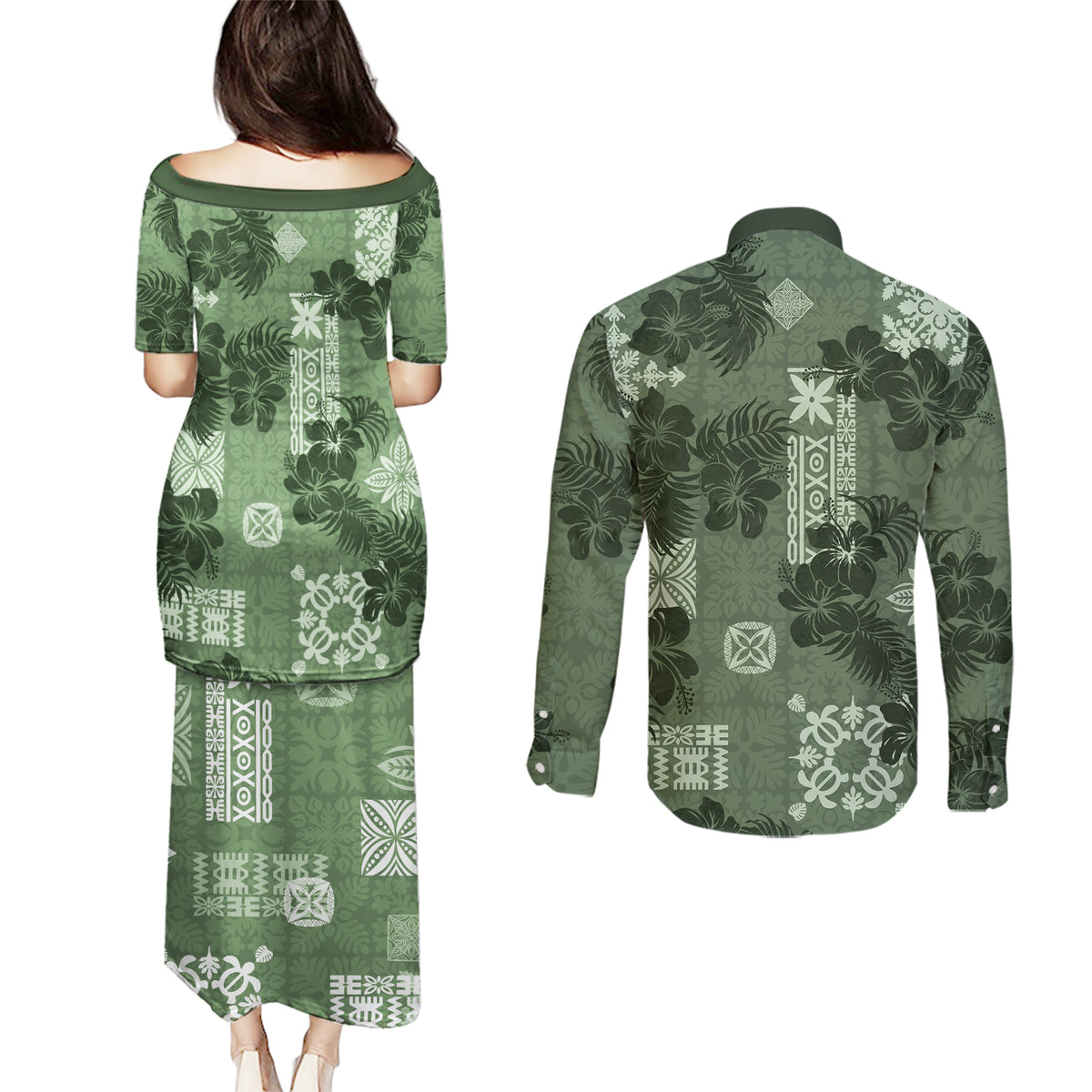 Hawaii Tapa Couples Matching Puletasi Dress and Long Sleeve Button Shirt Hibiscus Mix Hawaiian Quilt Patches - Sage Green LT7 - Polynesian Pride