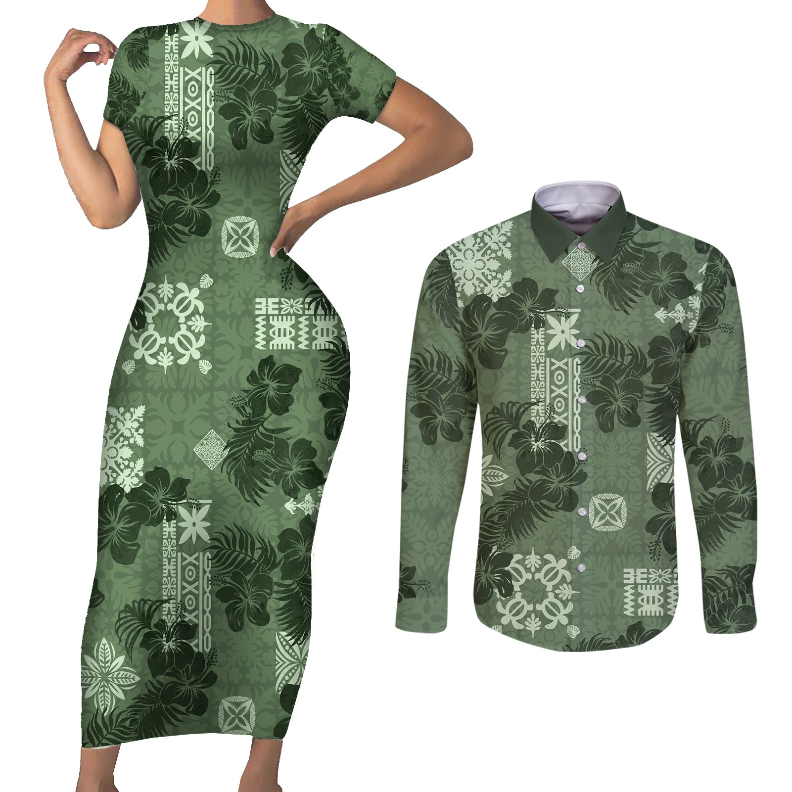 Hawaii Tapa Couples Matching Short Sleeve Bodycon Dress and Long Sleeve Button Shirt Hibiscus Mix Hawaiian Quilt Patches - Sage Green LT7 Sage Green - Polynesian Pride