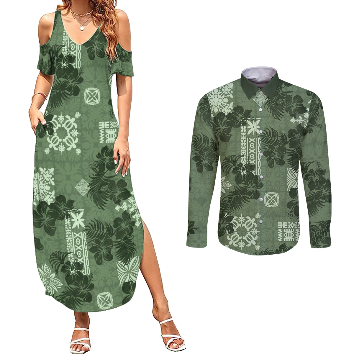 Hawaii Tapa Couples Matching Summer Maxi Dress and Long Sleeve Button Shirt Hibiscus Mix Hawaiian Quilt Patches - Sage Green LT7 Sage Green - Polynesian Pride