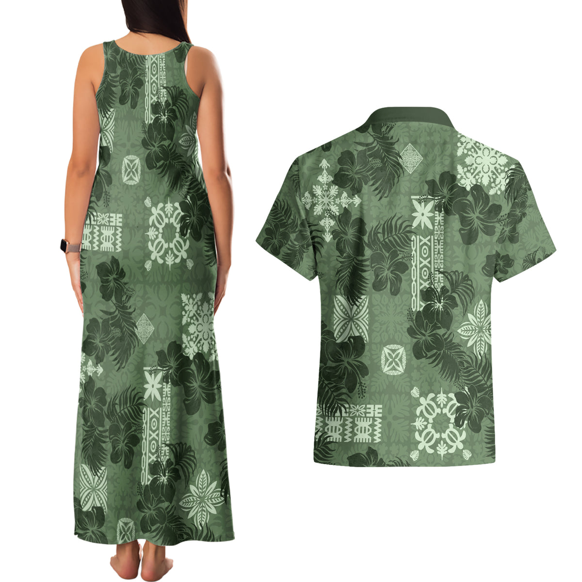 Hawaii Tapa Couples Matching Tank Maxi Dress and Hawaiian Shirt Hibiscus Mix Hawaiian Quilt Patches - Sage Green LT7 - Polynesian Pride
