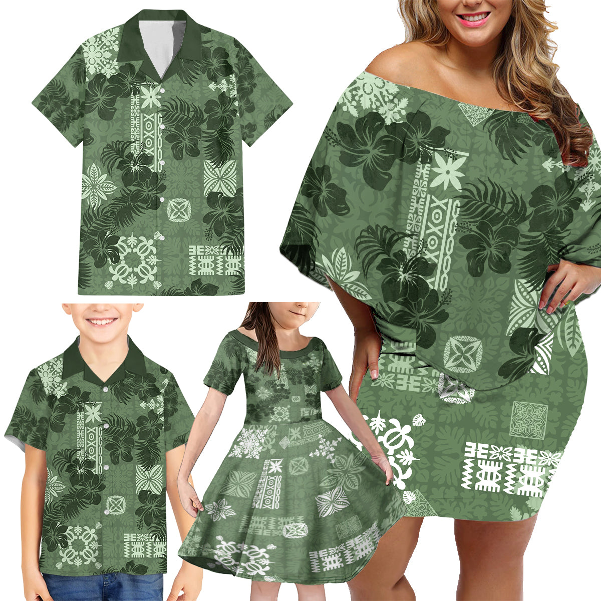 Hawaii Tapa Family Matching Off Shoulder Short Dress and Hawaiian Shirt Hibiscus Mix Hawaiian Quilt Patches - Sage Green LT7 - Polynesian Pride