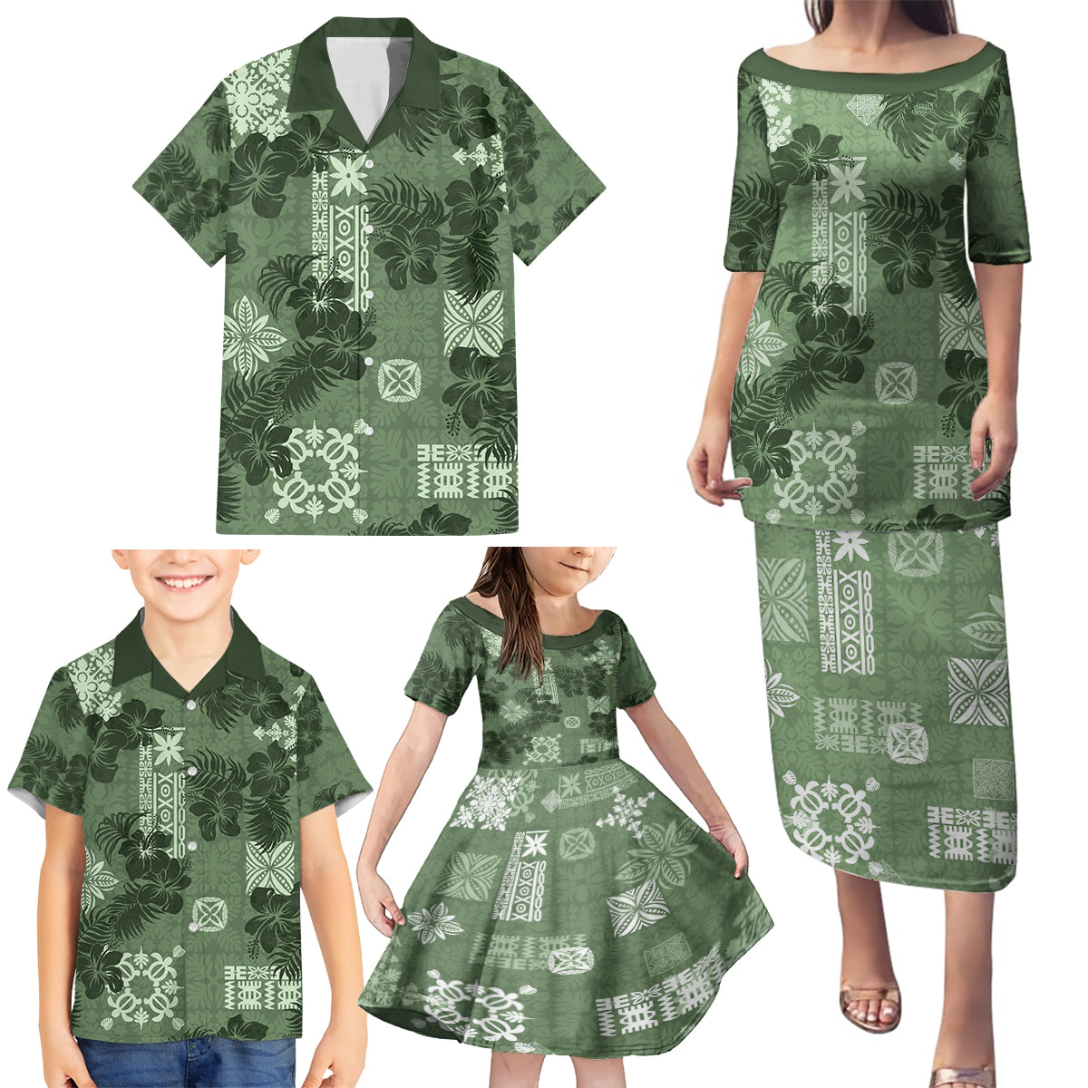 Hawaii Tapa Family Matching Puletasi Dress and Hawaiian Shirt Hibiscus Mix Hawaiian Quilt Patches - Sage Green LT7 - Polynesian Pride