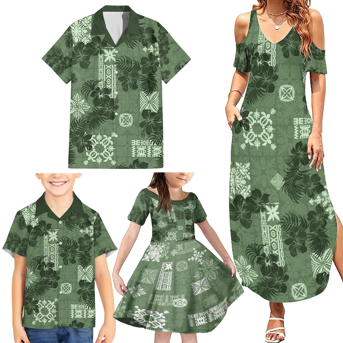 Hawaii Tapa Family Matching Summer Maxi Dress and Hawaiian Shirt Hibiscus Mix Hawaiian Quilt Patches - Sage Green LT7 - Polynesian Pride