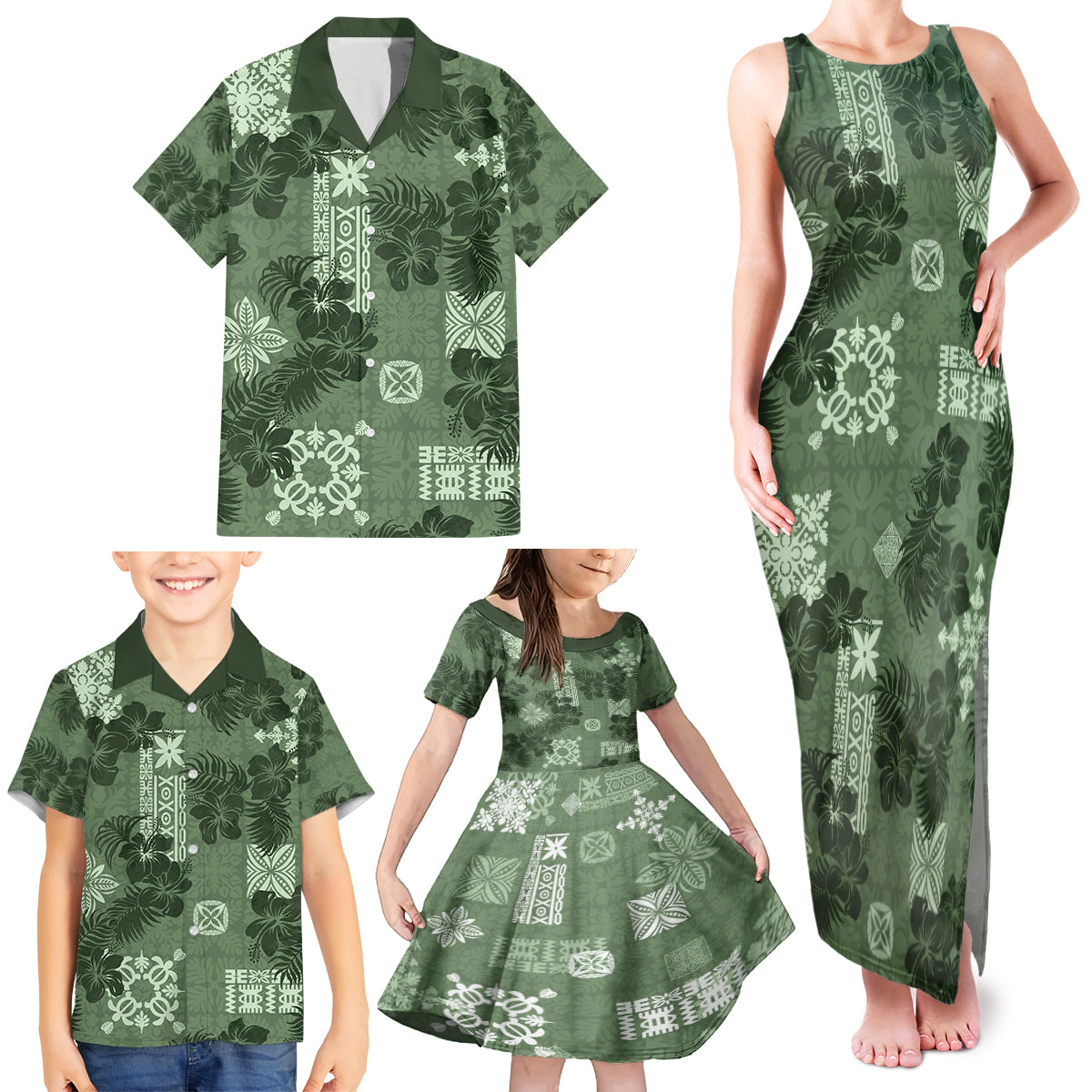 Hawaii Tapa Family Matching Tank Maxi Dress and Hawaiian Shirt Hibiscus Mix Hawaiian Quilt Patches - Sage Green LT7 - Polynesian Pride