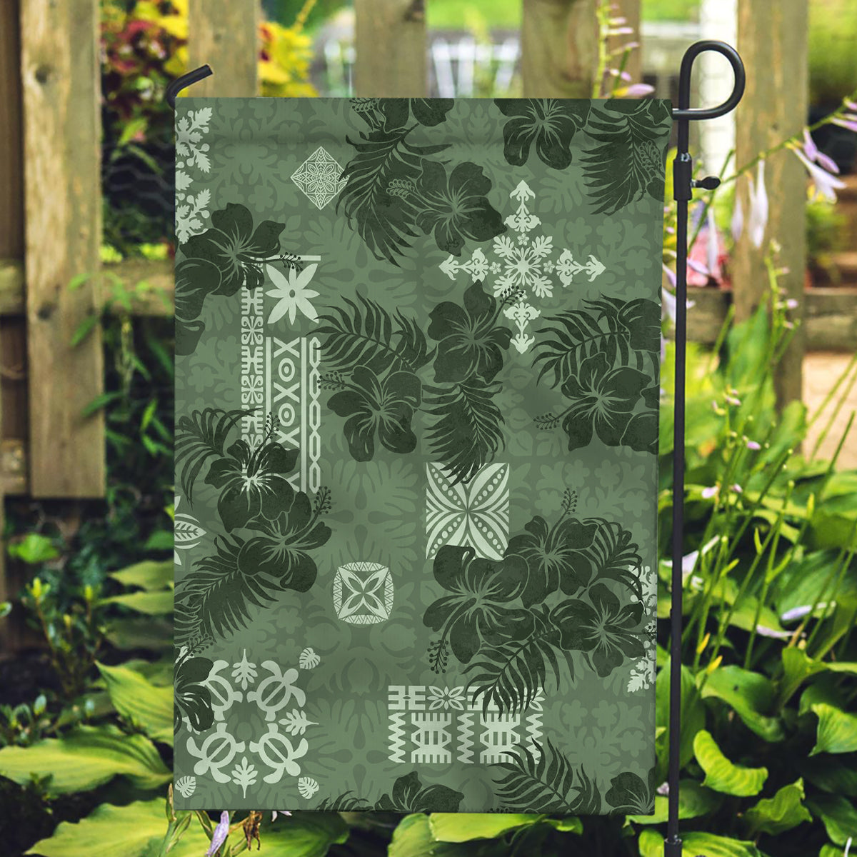 Hawaii Tapa Garden Flag Hibiscus Mix Hawaiian Quilt Patches - Sage Green LT7 Garden Flag Sage Green - Polynesian Pride