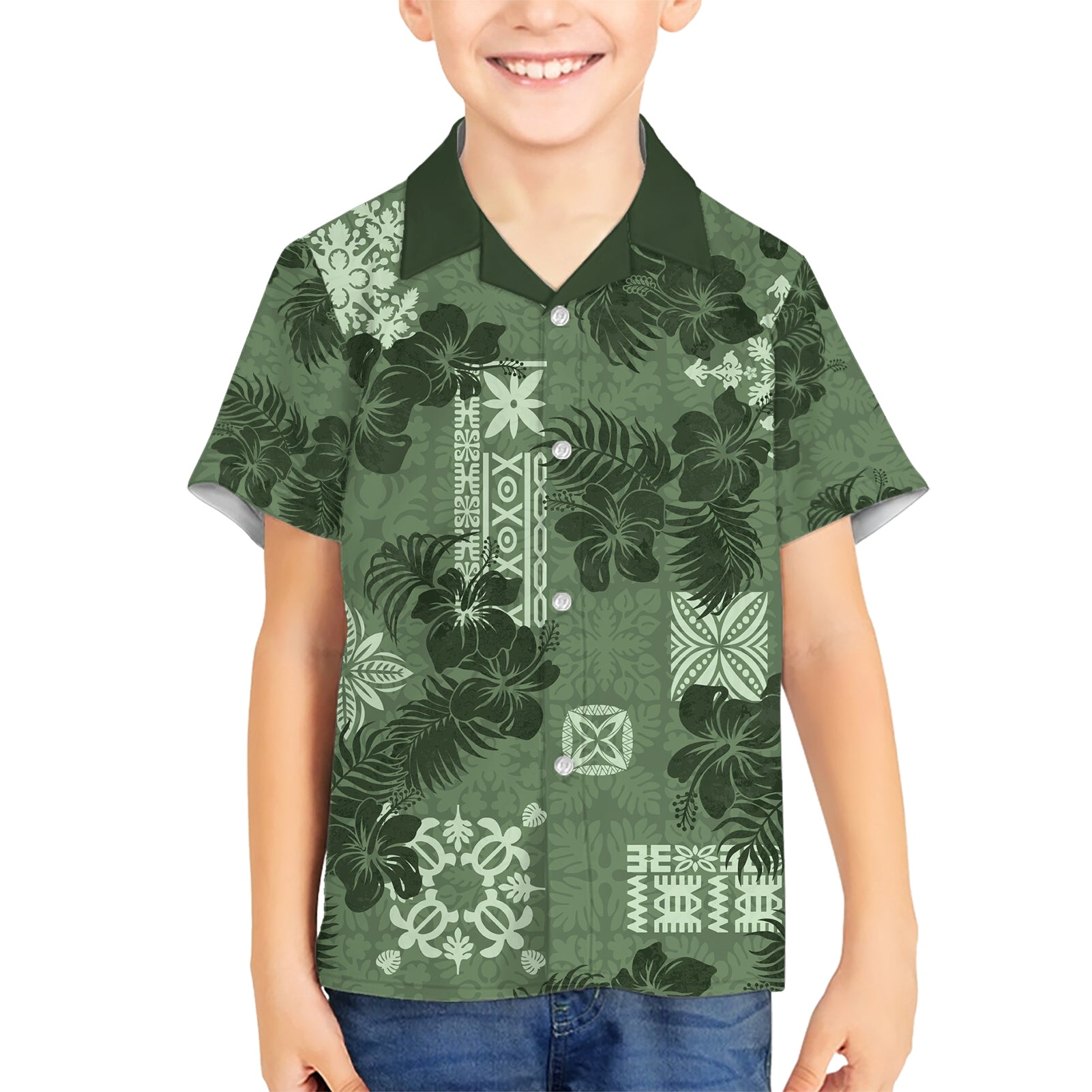 Hawaii Tapa Kid Hawaiian Shirt Hibiscus Mix Hawaiian Quilt Patches - Sage Green LT7 Kid Sage Green - Polynesian Pride