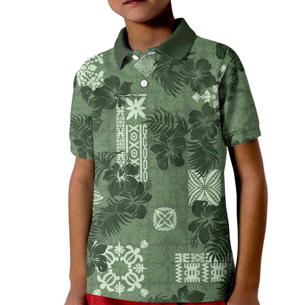 Hawaii Tapa Kid Polo Shirt Hibiscus Mix Hawaiian Quilt Patches - Sage Green LT7 Kid Sage Green - Polynesian Pride