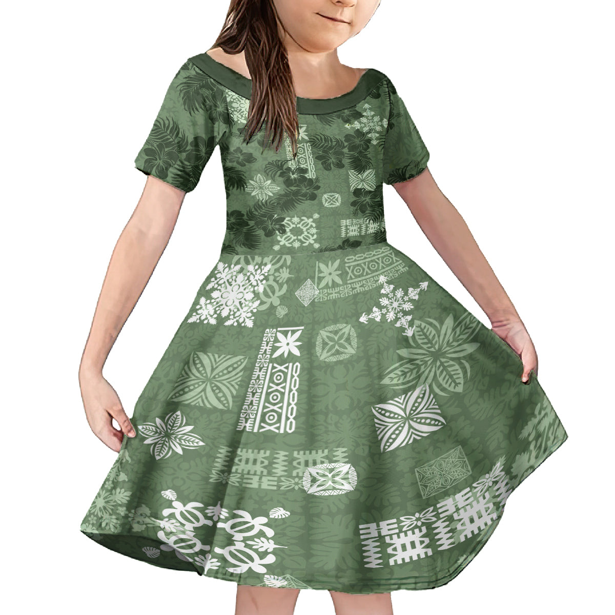 Hawaii Tapa Kid Short Sleeve Dress Hibiscus Mix Hawaiian Quilt Patches - Sage Green LT7 KID Sage Green - Polynesian Pride