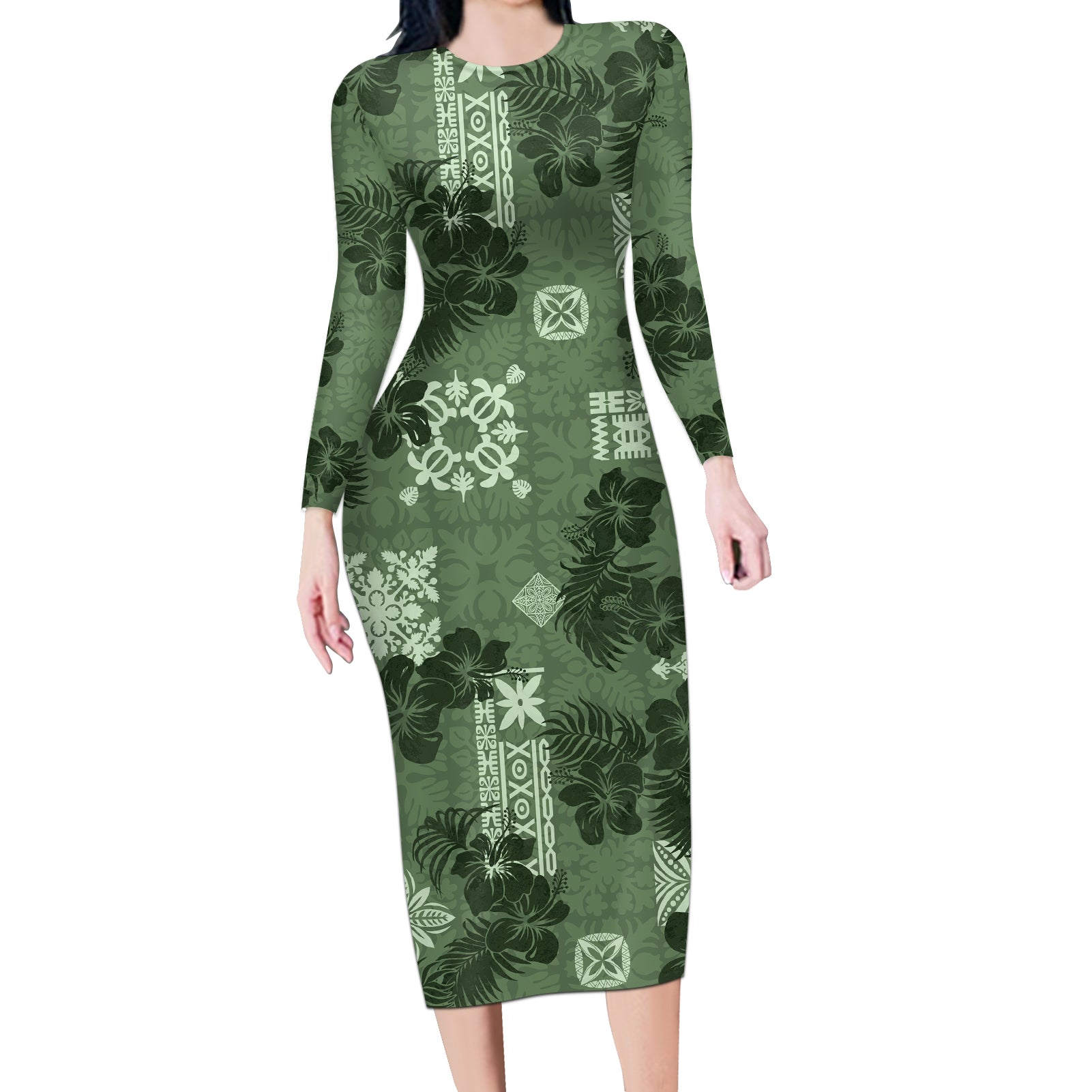 Hawaii Tapa Long Sleeve Bodycon Dress Hibiscus Mix Hawaiian Quilt Patches - Sage Green LT7 Long Dress Sage Green - Polynesian Pride