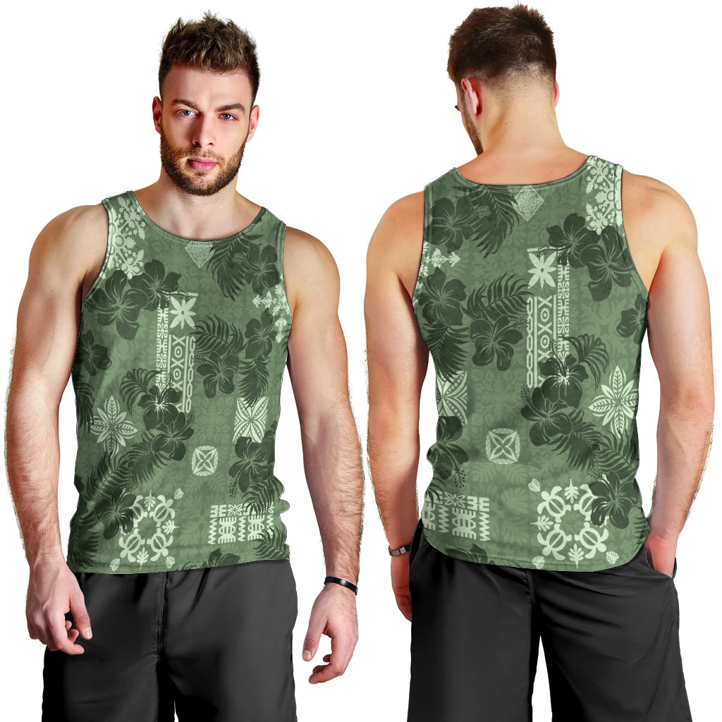 Hawaii Tapa Men Tank Top Hibiscus Mix Hawaiian Quilt Patches - Sage Green LT7 - Polynesian Pride