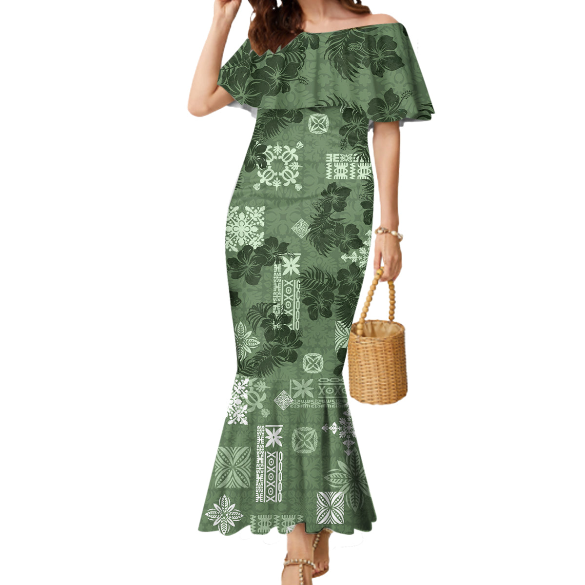 Hawaii Tapa Mermaid Dress Hibiscus Mix Hawaiian Quilt Patches - Sage Green LT7 Women Sage Green - Polynesian Pride