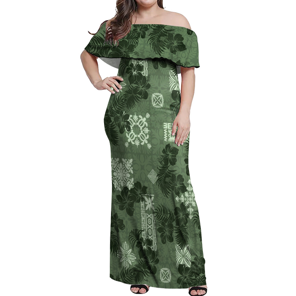 Hawaii Tapa Off Shoulder Maxi Dress Hibiscus Mix Hawaiian Quilt Patches - Sage Green LT7 Women Sage Green - Polynesian Pride