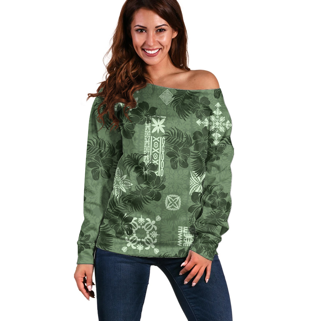 Hawaii Tapa Off Shoulder Sweater Hibiscus Mix Hawaiian Quilt Patches - Sage Green LT7 Women Sage Green - Polynesian Pride