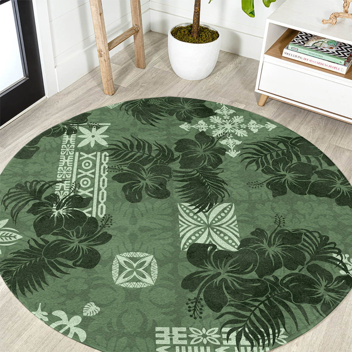 Hawaii Tapa Round Carpet Hibiscus Mix Hawaiian Quilt Patches - Sage Green LT7 Sage Green - Polynesian Pride