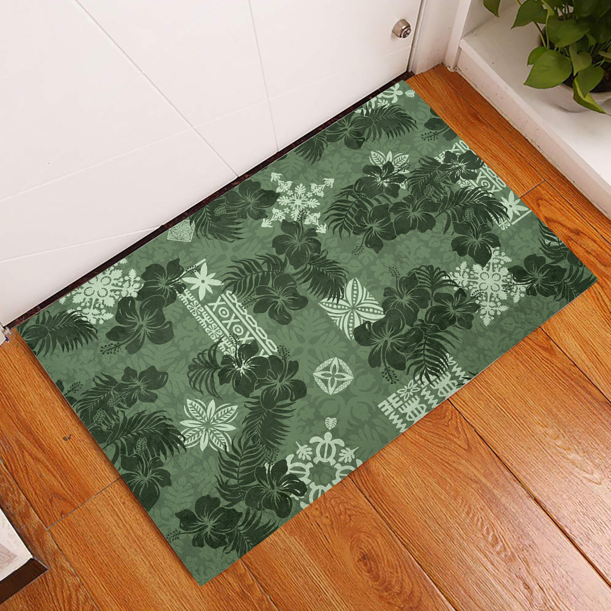 Hawaii Tapa Rubber Doormat Hibiscus Mix Hawaiian Quilt Patches - Sage Green LT7 Sage Green - Polynesian Pride