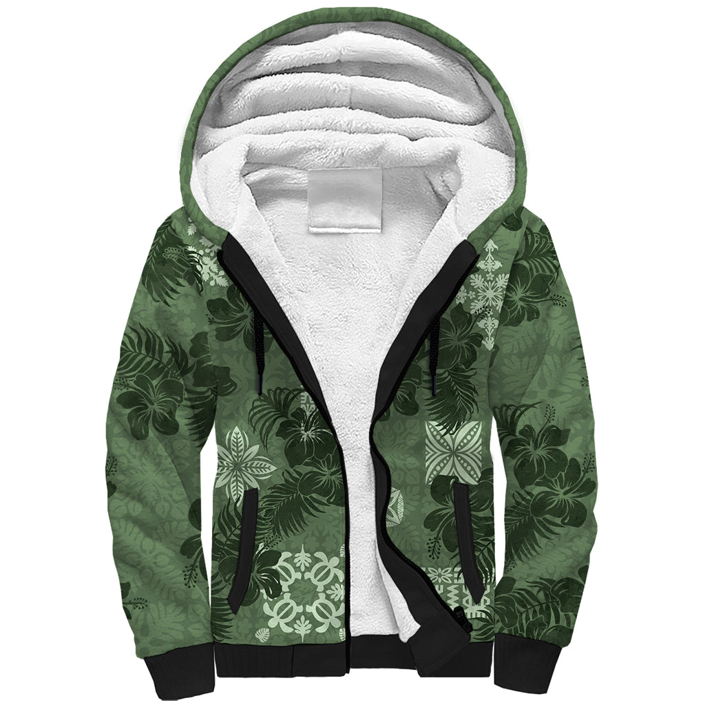 Hawaii Tapa Sherpa Hoodie Hibiscus Mix Hawaiian Quilt Patches - Sage Green LT7 Unisex Sage Green - Polynesian Pride