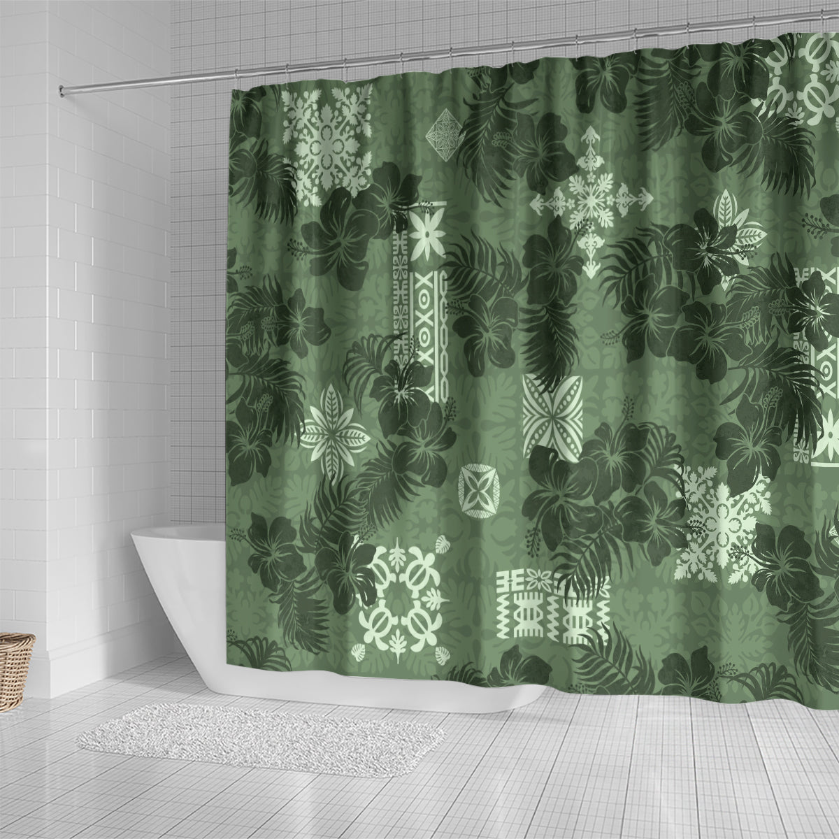 Hawaii Tapa Shower Curtain Hibiscus Mix Hawaiian Quilt Patches - Sage Green LT7 - Polynesian Pride
