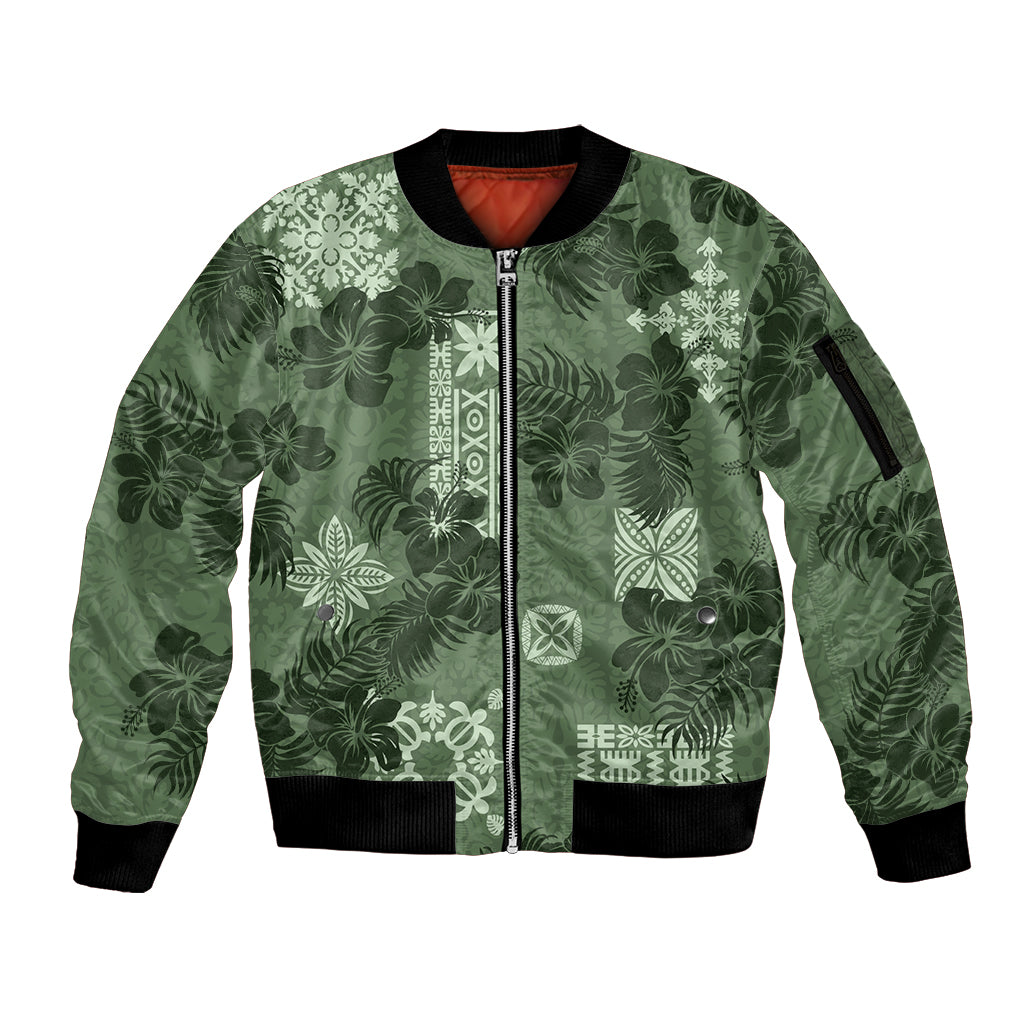 Hawaii Tapa Sleeve Zip Bomber Jacket Hibiscus Mix Hawaiian Quilt Patches - Sage Green LT7 Unisex Sage Green - Polynesian Pride