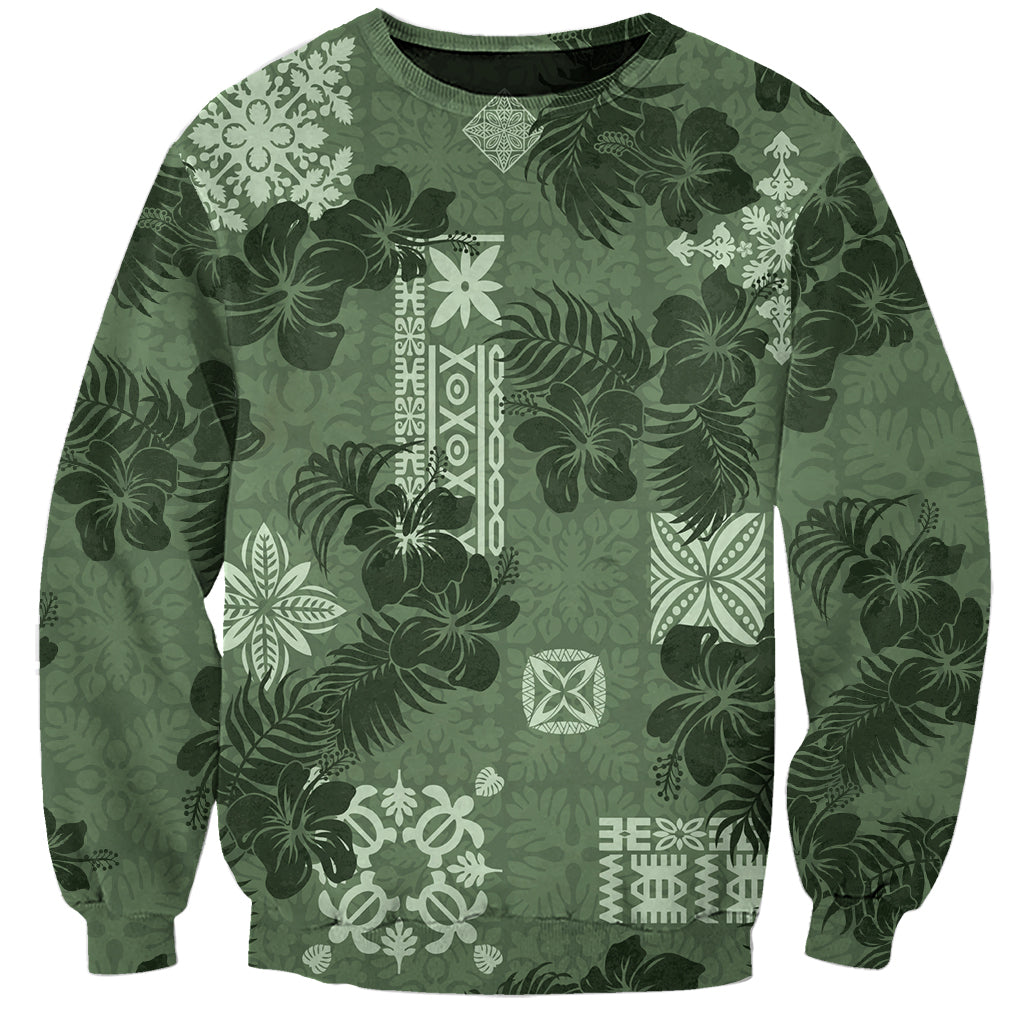 Hawaii Tapa Sweatshirt Hibiscus Mix Hawaiian Quilt Patches - Sage Green LT7 Unisex Sage Green - Polynesian Pride