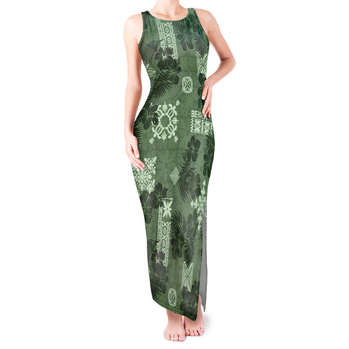 Hawaii Tapa Tank Maxi Dress Hibiscus Mix Hawaiian Quilt Patches - Sage Green LT7 Women Sage Green - Polynesian Pride