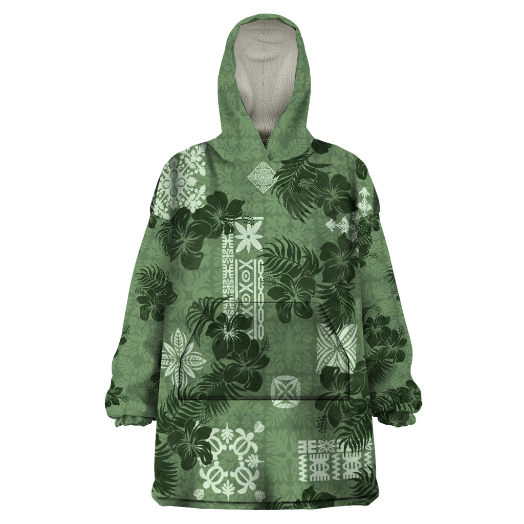 Hawaii Tapa Wearable Blanket Hoodie Hibiscus Mix Hawaiian Quilt Patches - Sage Green LT7 One Size Sage Green - Polynesian Pride