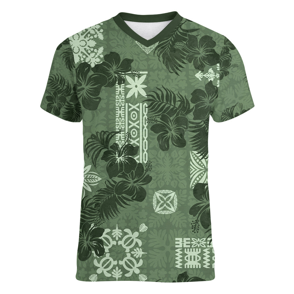 Hawaii Tapa Women V Neck T Shirt Hibiscus Mix Hawaiian Quilt Patches - Sage Green LT7 Female Sage Green - Polynesian Pride