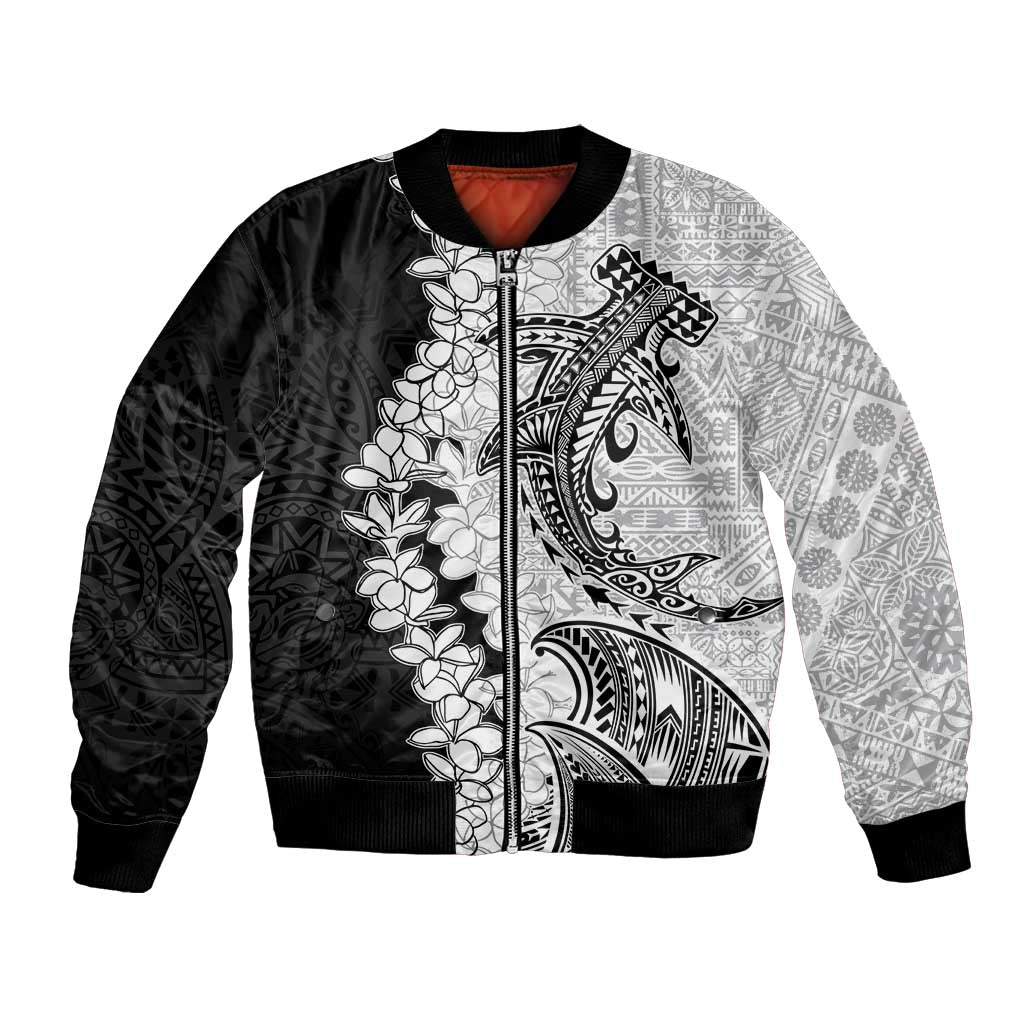 Polynesian Plumeria Lei Bomber Jacket with Hammerhead Shark