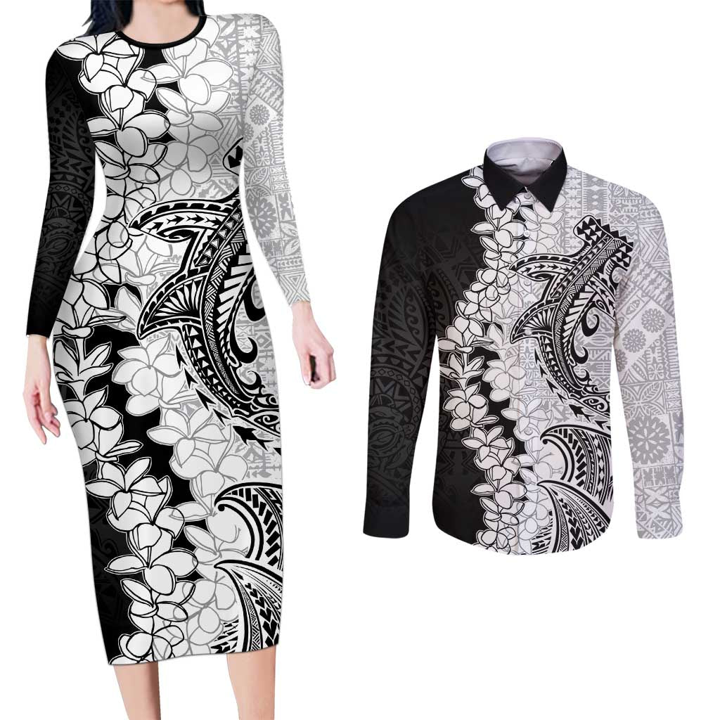 Polynesian Plumeria Lei Couples Matching Long Sleeve Bodycon Dress and Long Sleeve Button Shirt with Hammerhead Shark LT7 Black - Polynesian Pride