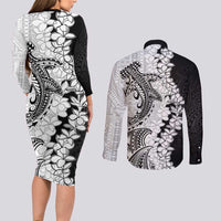 Polynesian Plumeria Lei Couples Matching Long Sleeve Bodycon Dress and Long Sleeve Button Shirt with Hammerhead Shark LT7 - Polynesian Pride