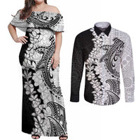 Polynesian Plumeria Lei Couples Matching Off Shoulder Maxi Dress and Long Sleeve Button Shirt with Hammerhead Shark LT7 Black - Polynesian Pride