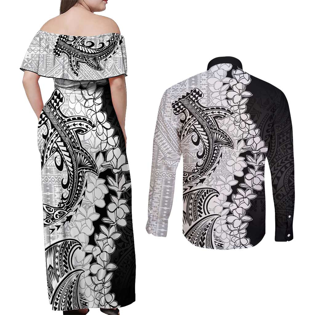 Polynesian Plumeria Lei Couples Matching Off Shoulder Maxi Dress and Long Sleeve Button Shirt with Hammerhead Shark LT7 - Polynesian Pride