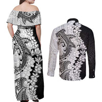 Polynesian Plumeria Lei Couples Matching Off Shoulder Maxi Dress and Long Sleeve Button Shirt with Hammerhead Shark LT7 - Polynesian Pride